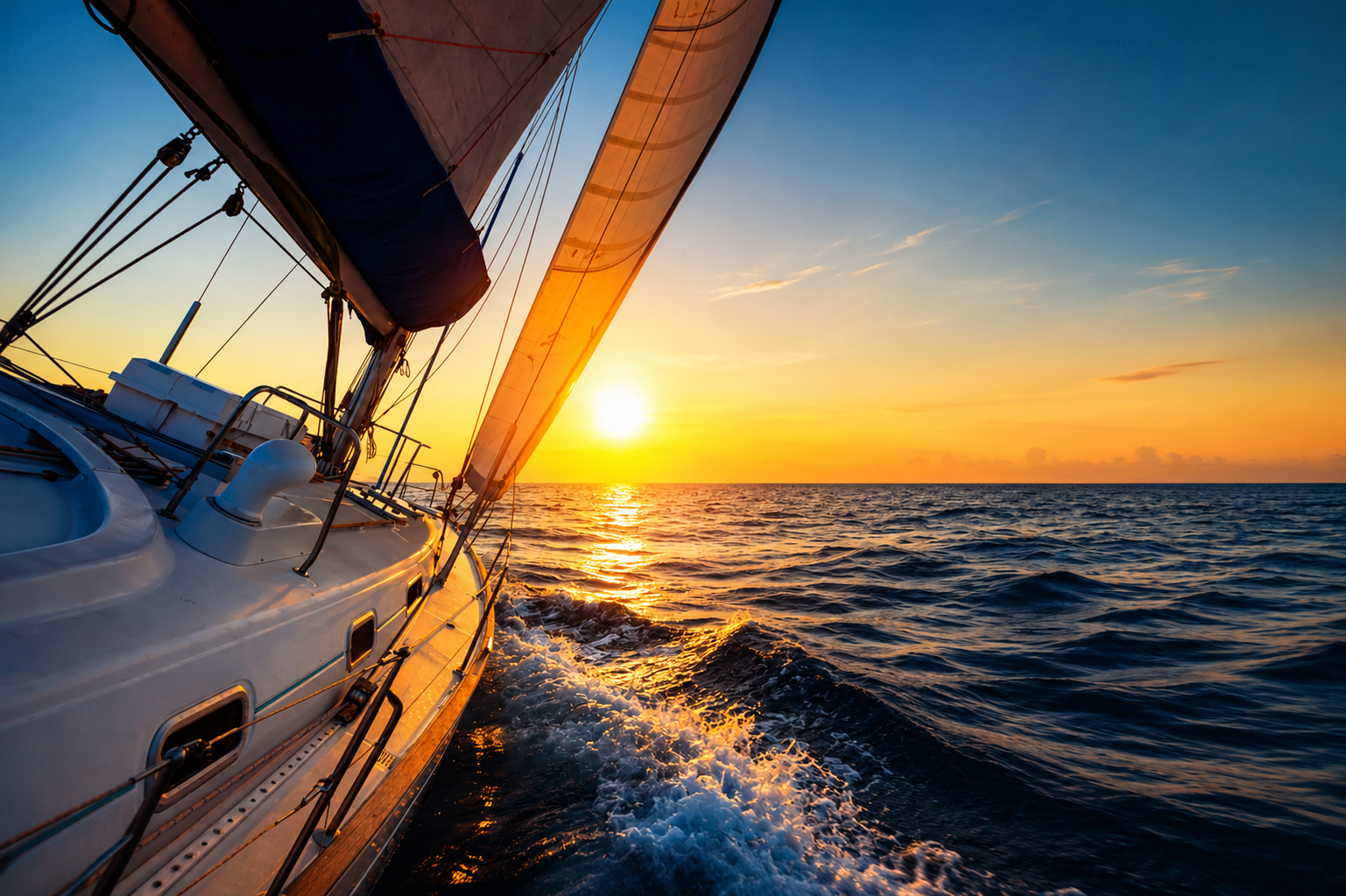 Sailboat heading toward the sunset, open horizon ahead